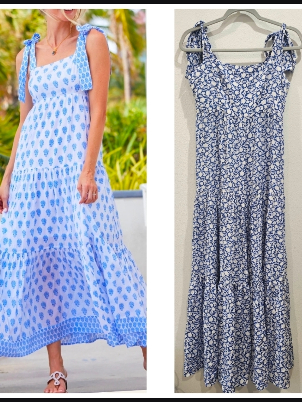 Aspiga Tabitha Viscose Blue & White Maxi Dress Size Large Boho Summer Tie Straps